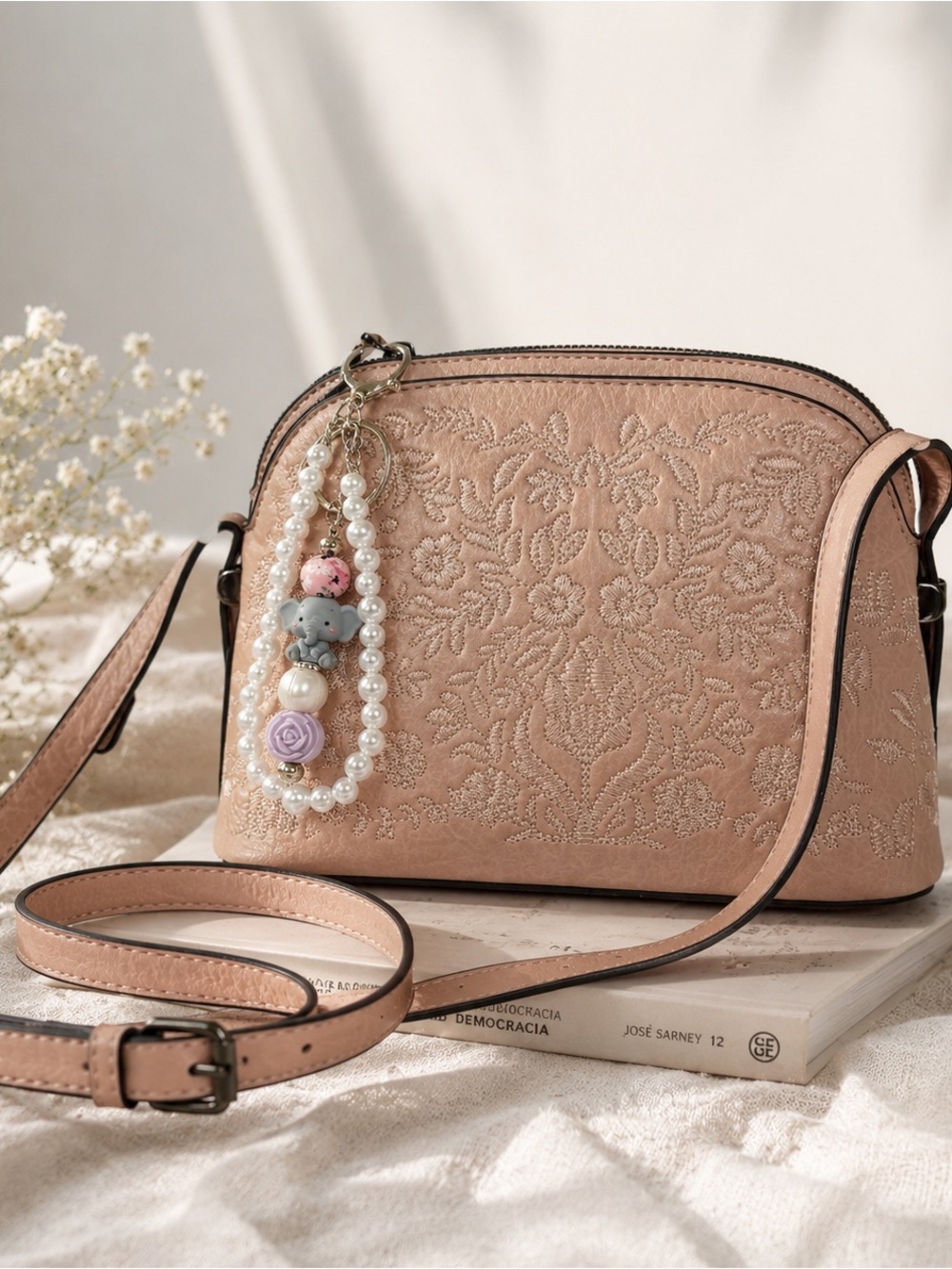 Sam & Hadley Nude Pink Floral Embroidered Crossbody Bag Elephant Charm Zip